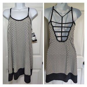 Santory Black & White Strappy Mini Stretch Shift Sheath Dress L NWT